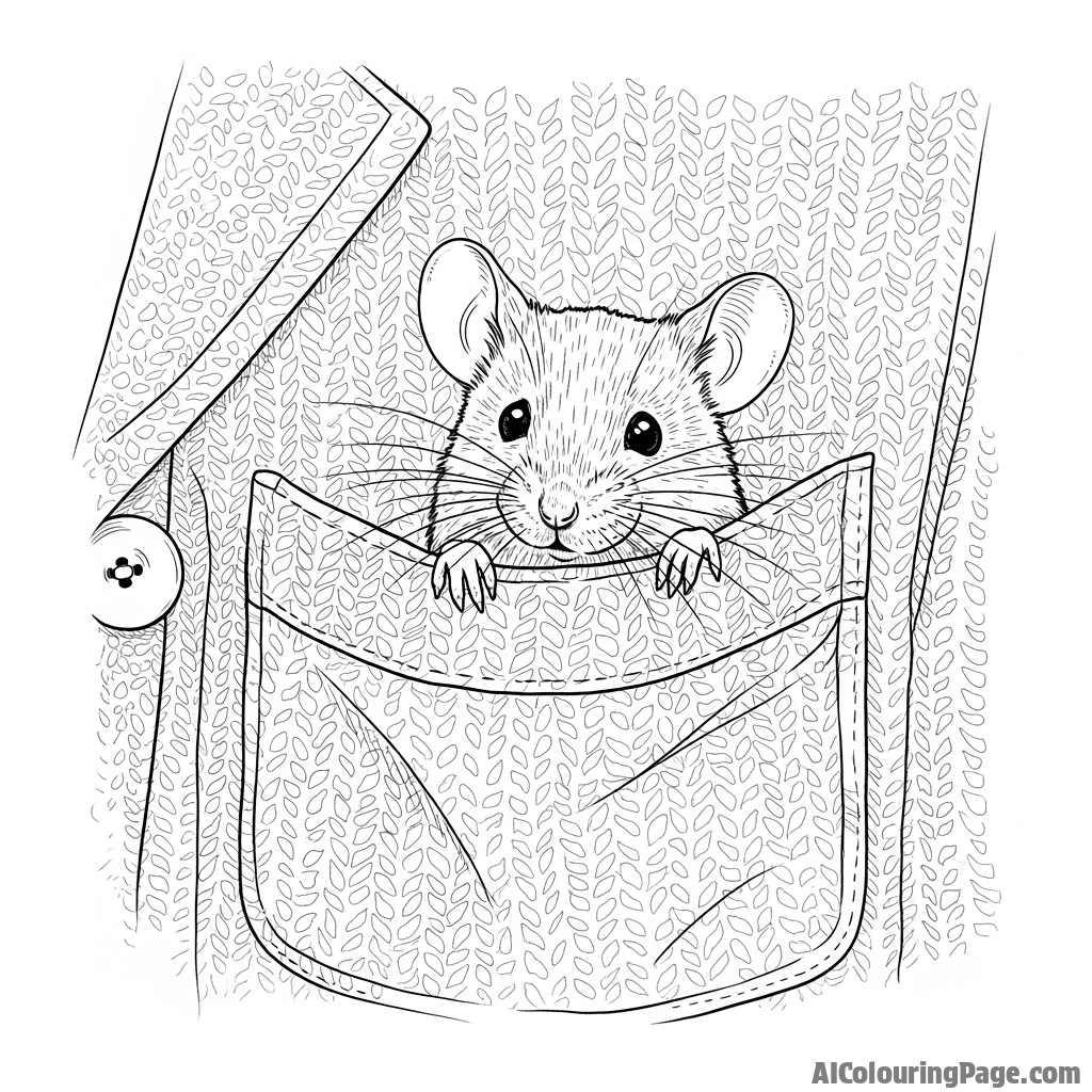 A mouse peeking out of a pocket in a well-worn, tweed jacket.