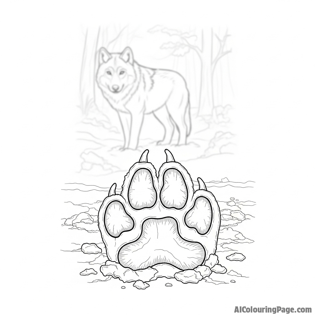 A wolf's paw print left in the mud, with the out-of-focus shape of the wolf disappearing into the mist.