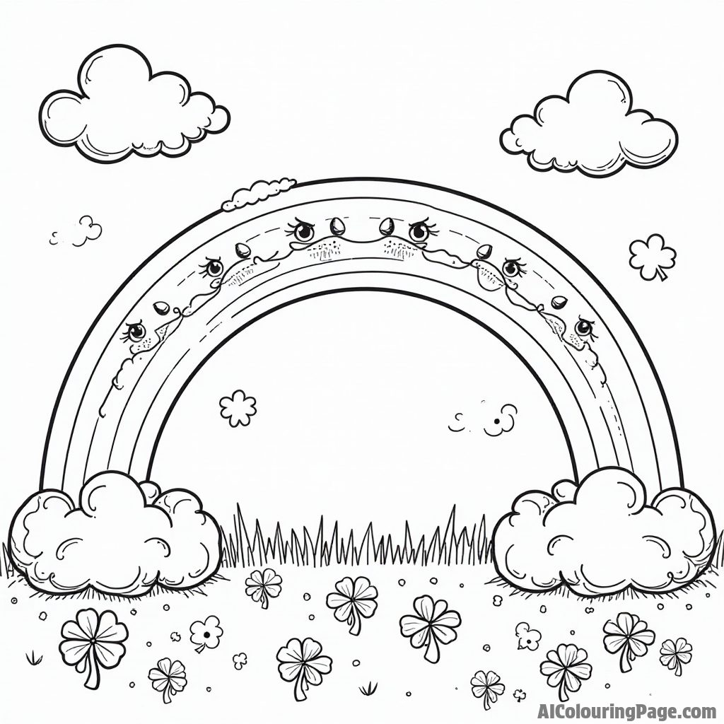 A cartoonish rainbow with smiling faces peeking out from behind fluffy clouds over a field of clovers.