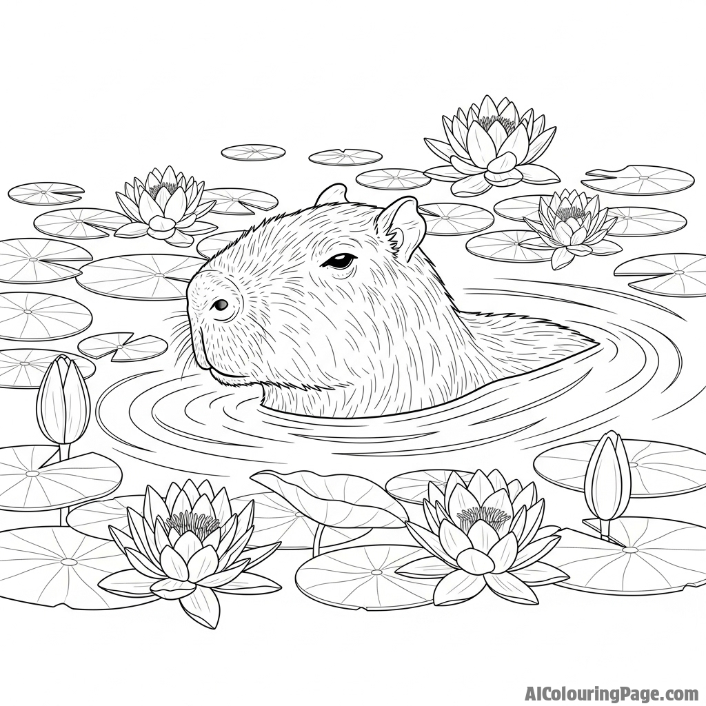 A capybara calmly floating in a pond filled with water lilies.