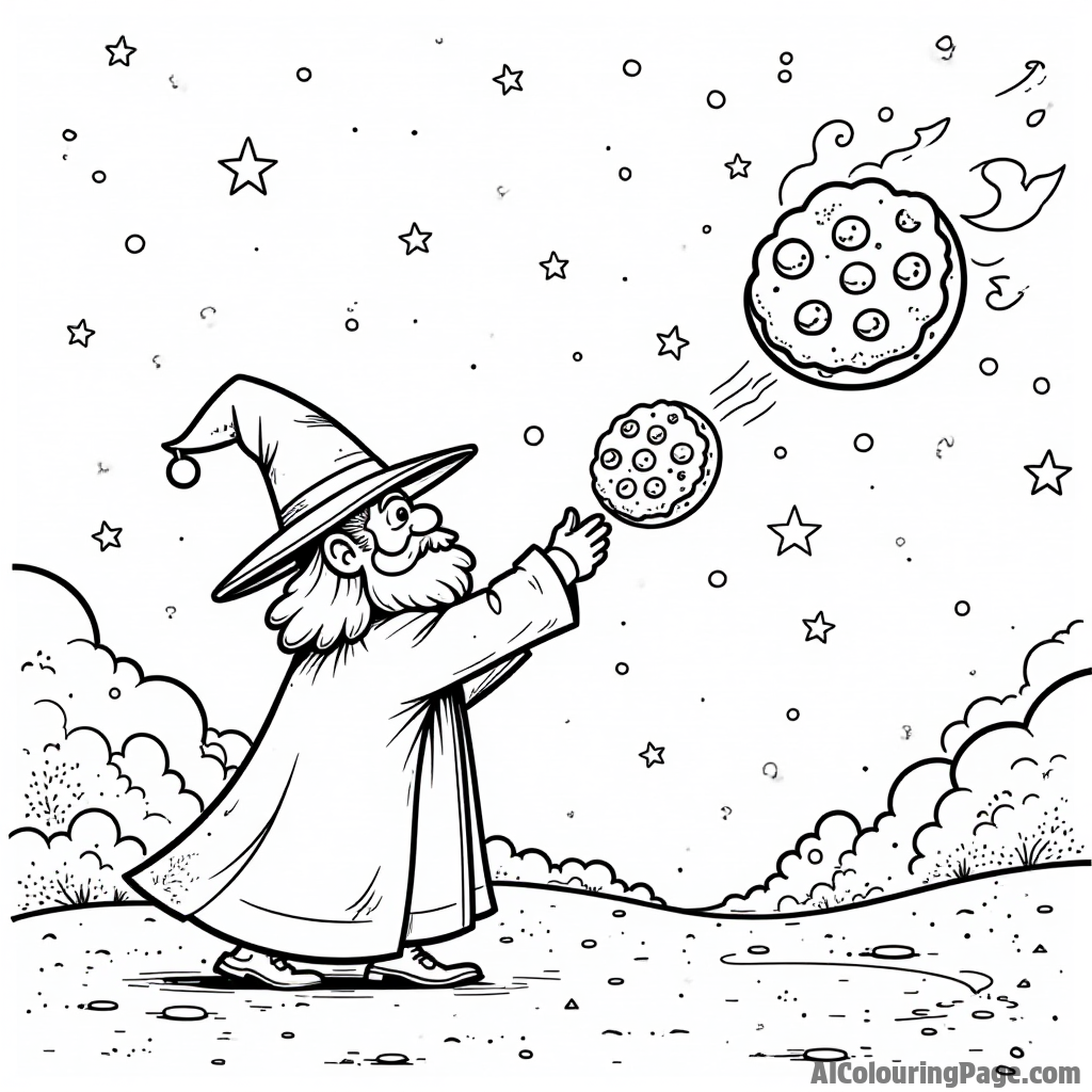 A magical night scene with a cookie wizard casting spells to create cookies that float in the starry sky.