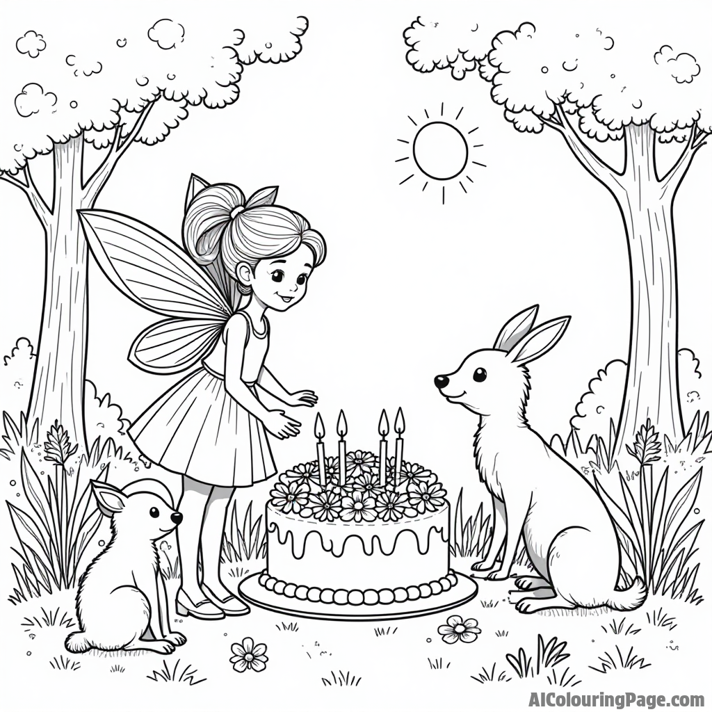 A fairy celebrating a birthday party with woodland friends and a cake made of flowers in a sunny clearing