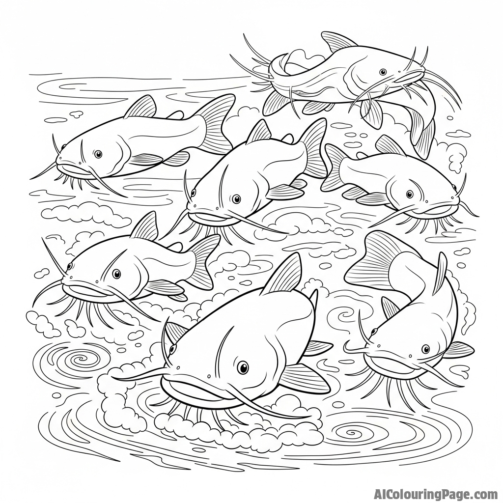 A group of catfish stirring up the murky bottom of a riverbed.