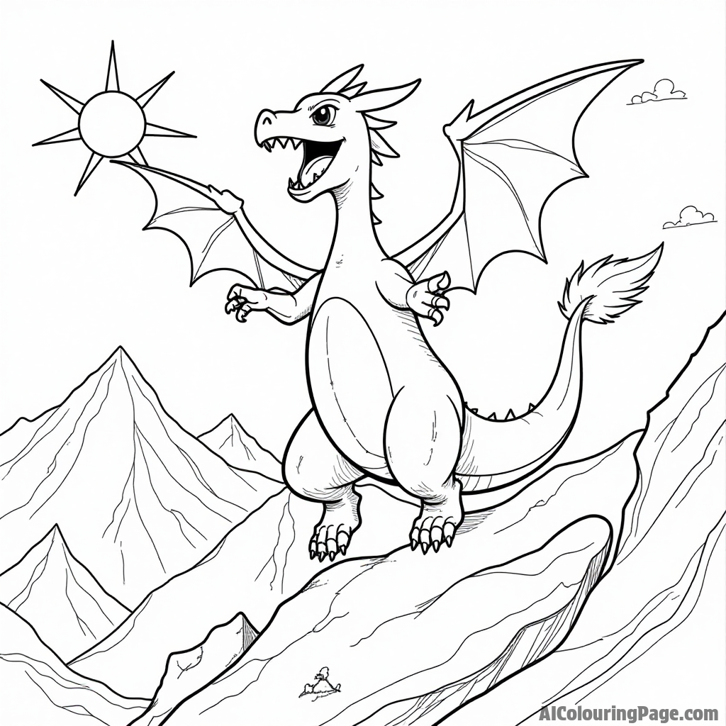 A joyful Charizard soaring high above a mountain landscape with clouds and a bright sun shining down below.