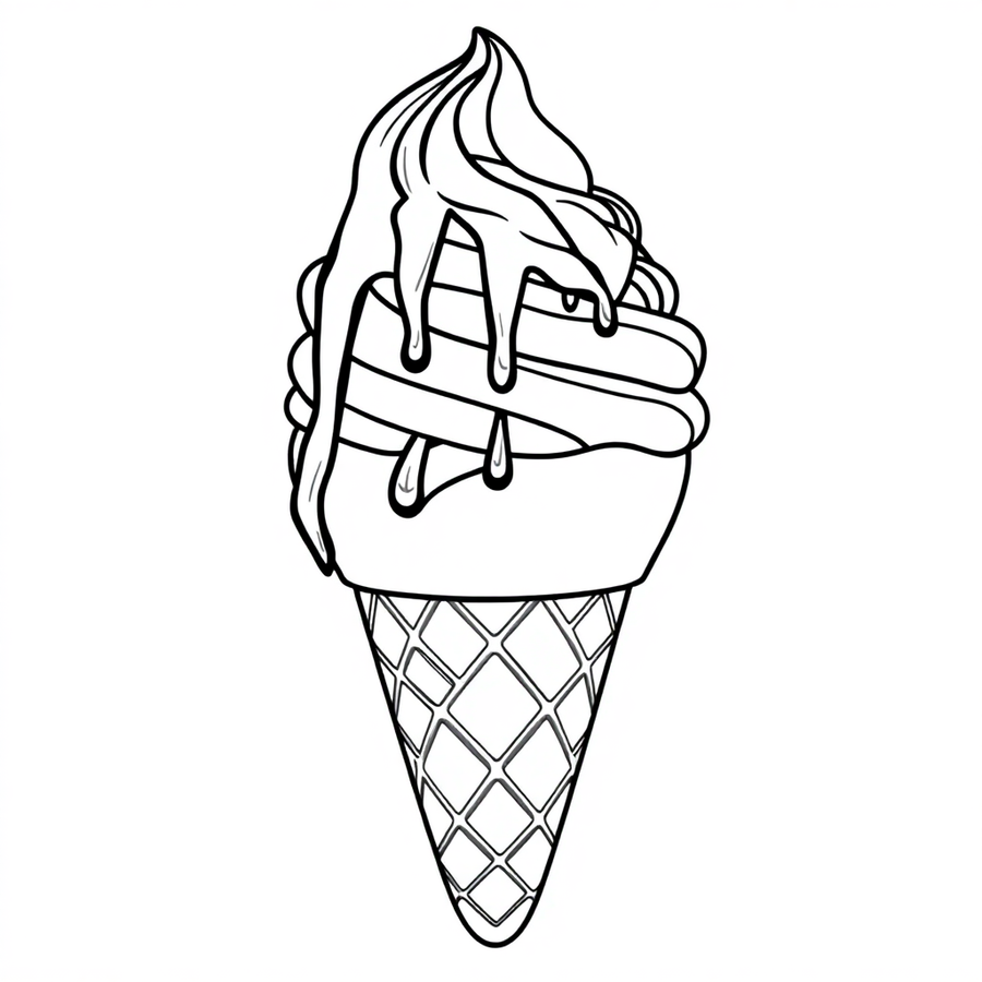 An ice cream cone with a chocolate sauce drizzle