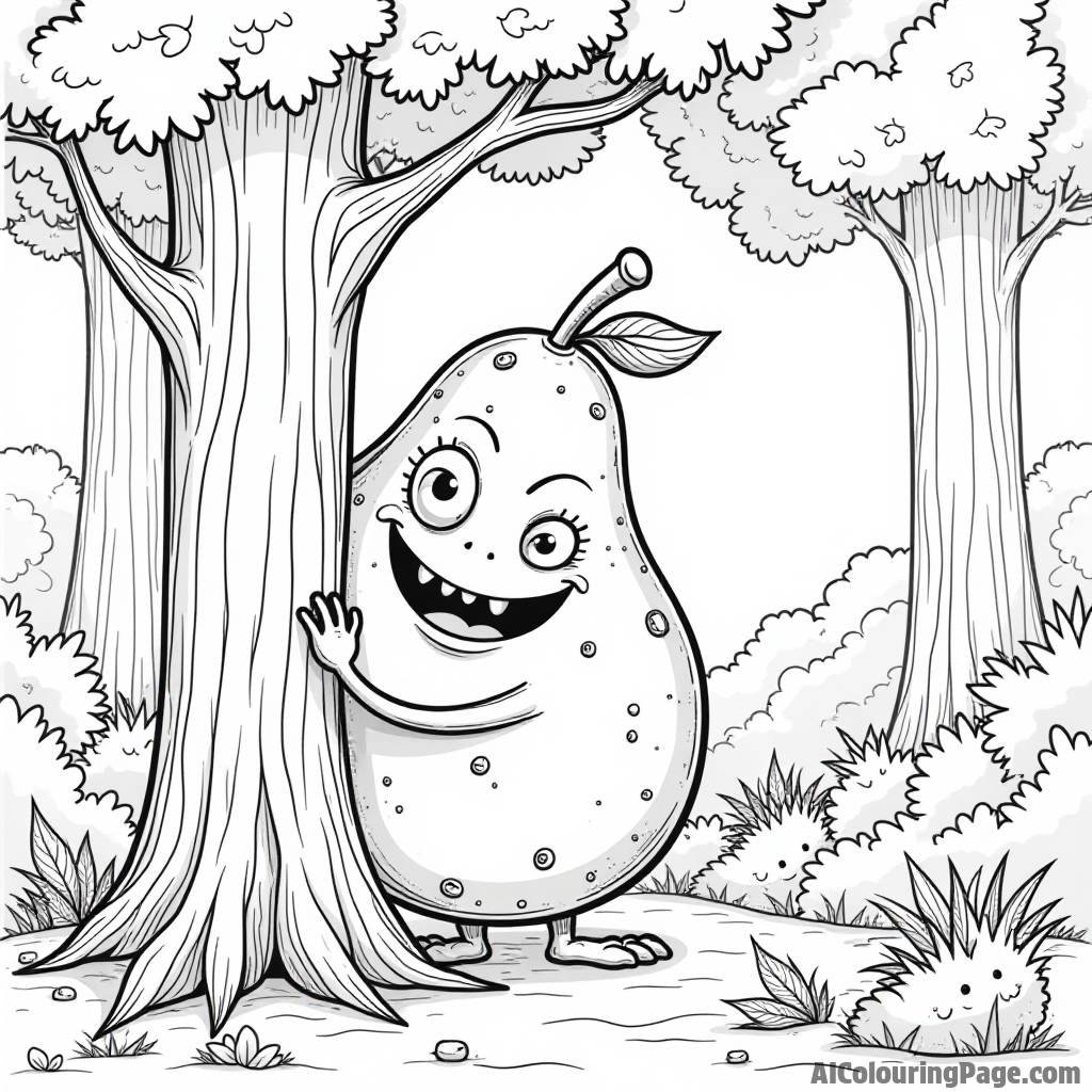 A whimsical fruit monster peeking out from behind a tree, with curious eyes and playful expressions in a magical forest.