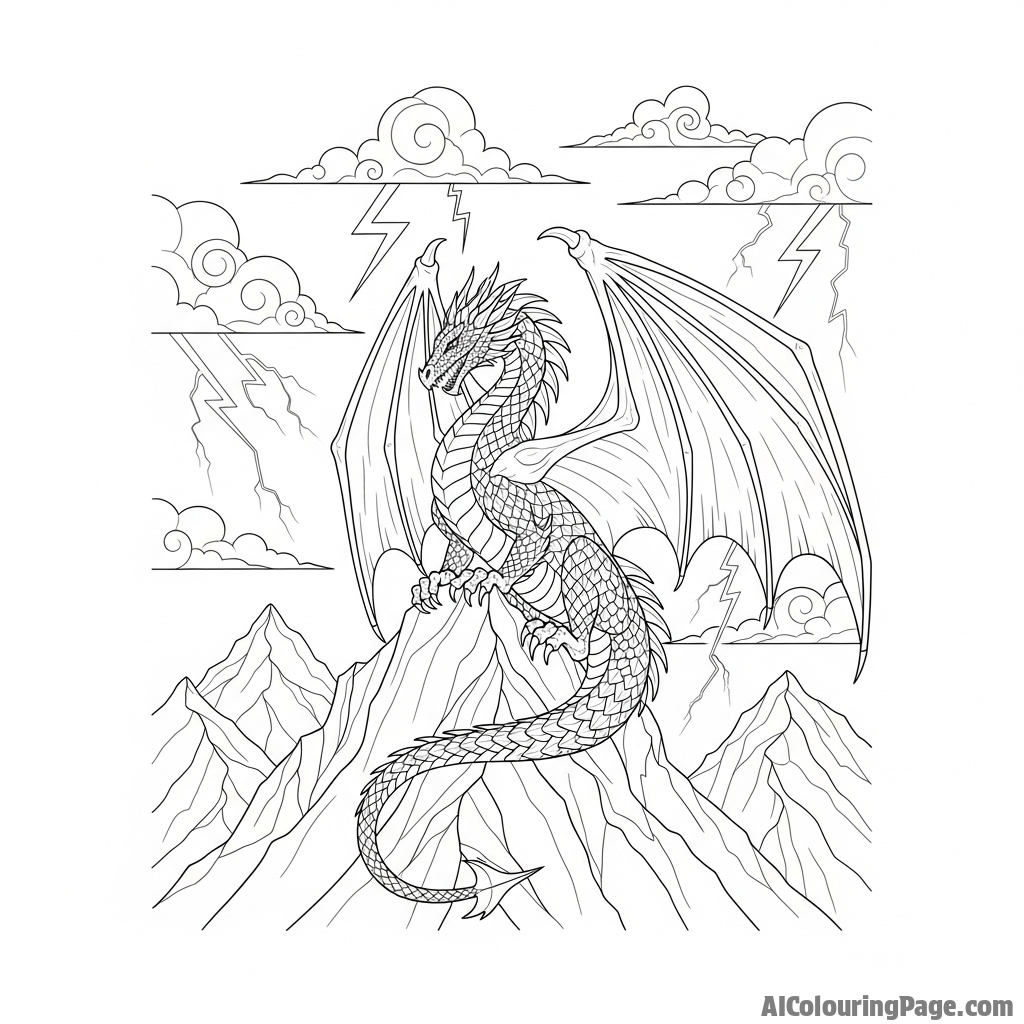 A majestic dragon perched atop a jagged mountain peak, silhouetted against a stormy sky.