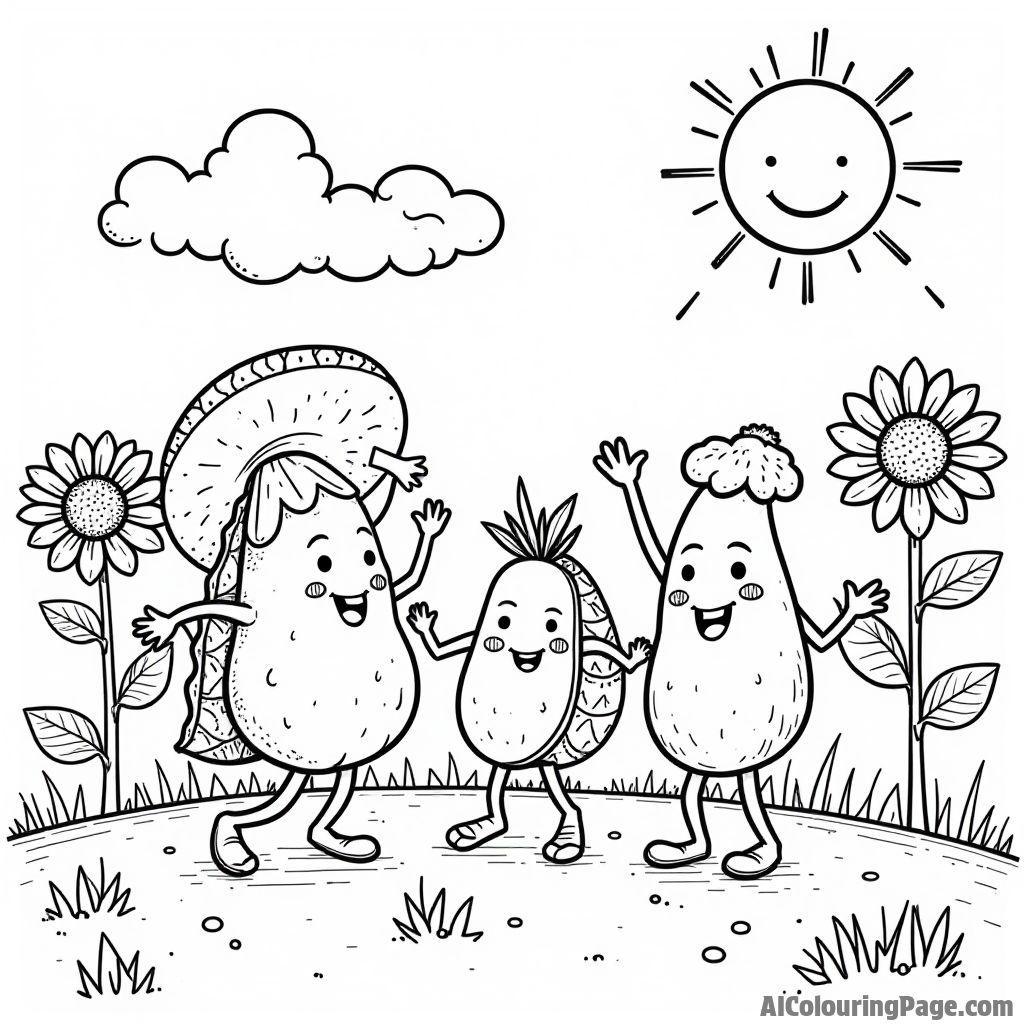 A whimsical taco garden with dancing vegetables, sunflowers, and a smiling sun, creating a cheerful coloring scene for kids.