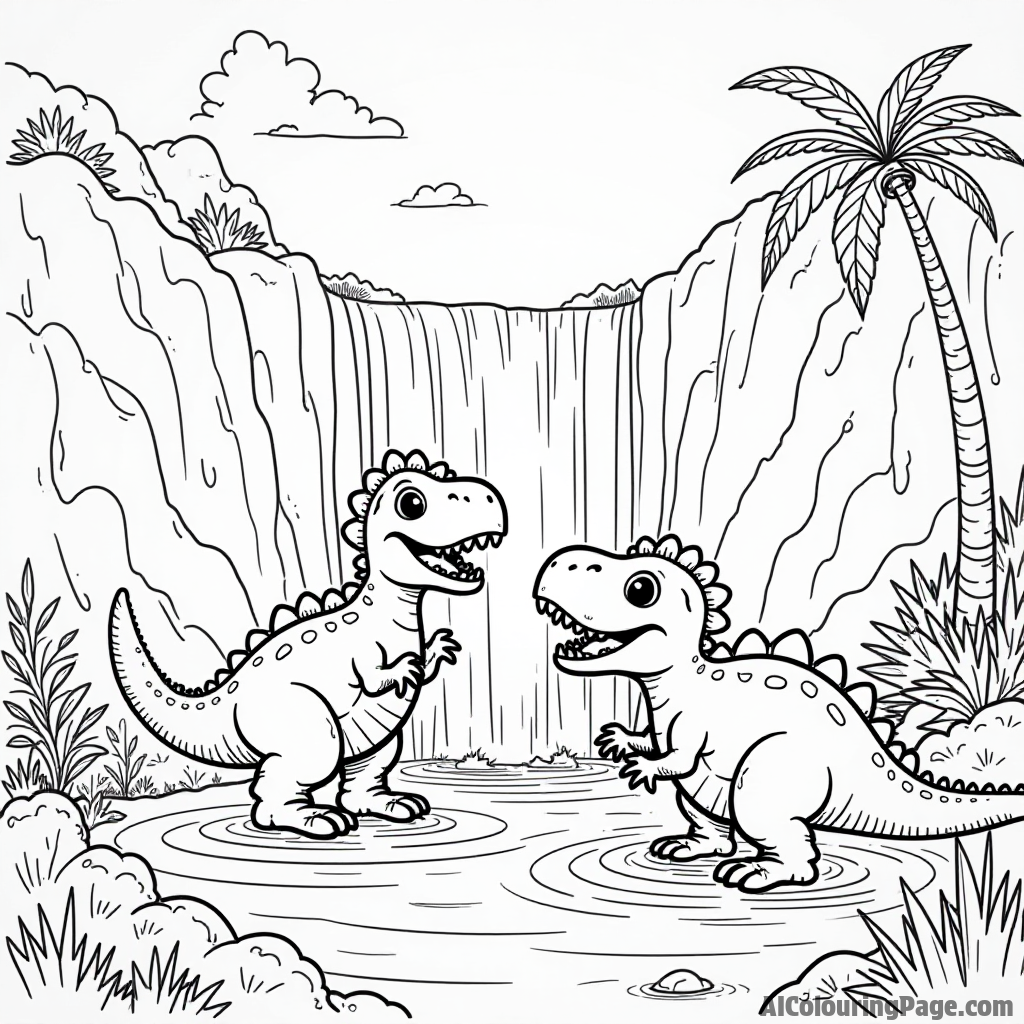 A scene of friendly dinosaurs playing in a waterfall, splashing water and enjoying the cool mist on a sunny day.