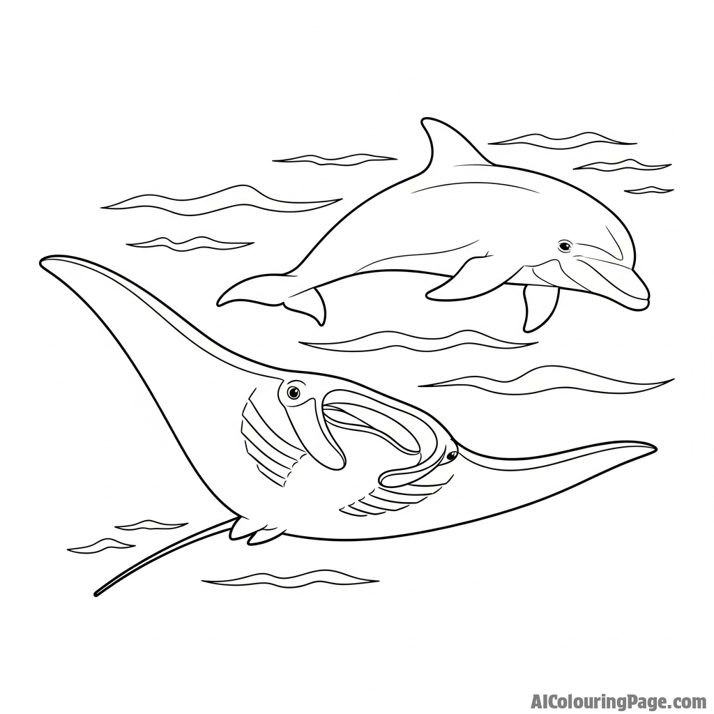 A dolphin swimming alongside a majestic manta ray, their forms contrasting.