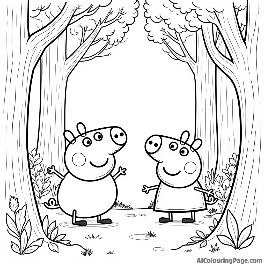 Peppa Pig, George Pig, and their friends playing hide and seek in a magical forest filled with whimsical trees and creatures.