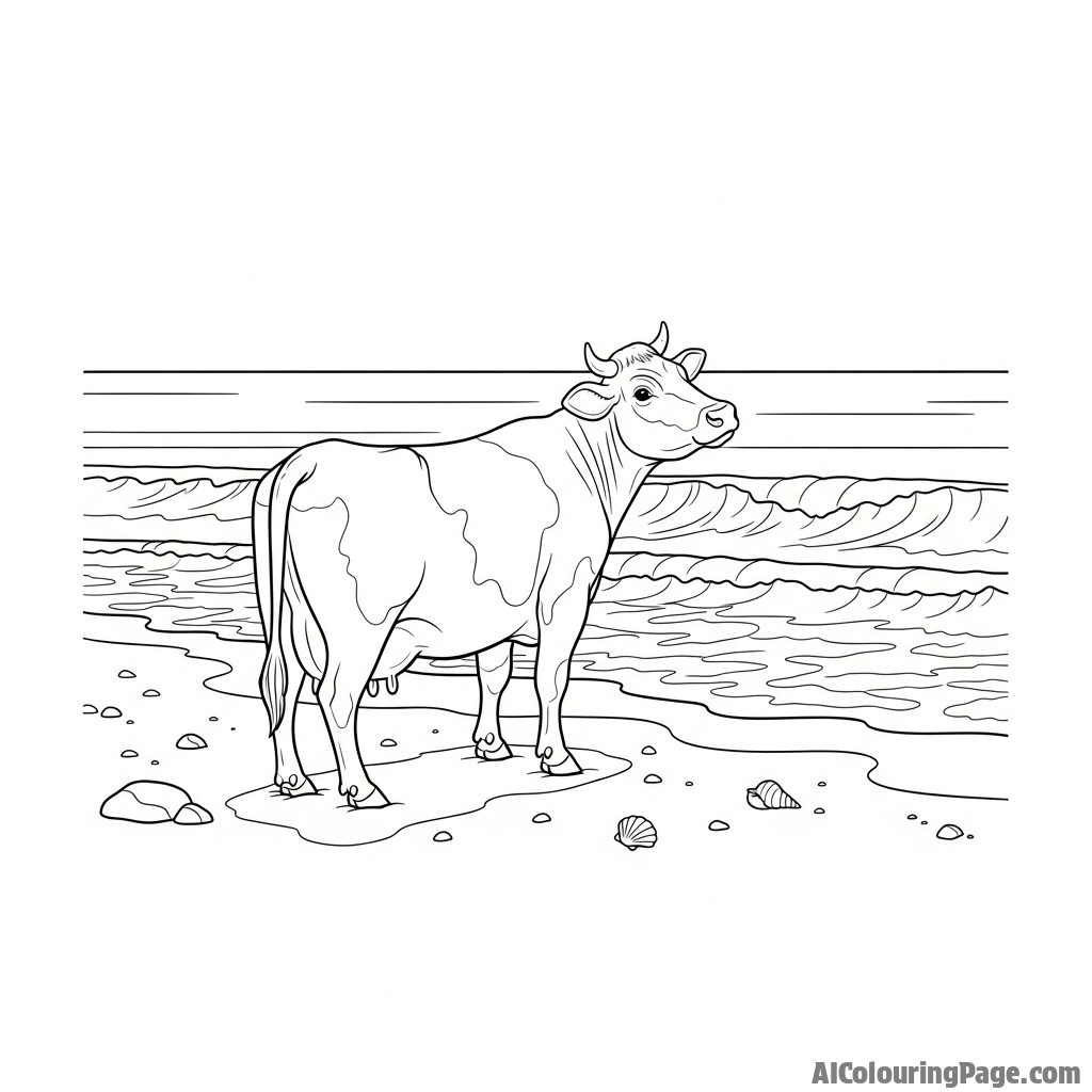 A photorealistic cow on a deserted, sandy beach, gazing at the ocean waves.