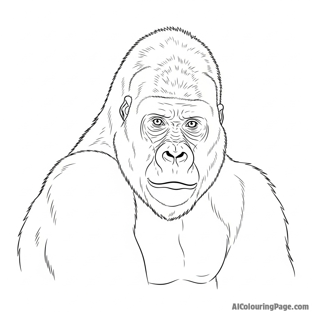 A powerful gorilla, its thoughtful gaze directed towards the viewer, detailed portrait