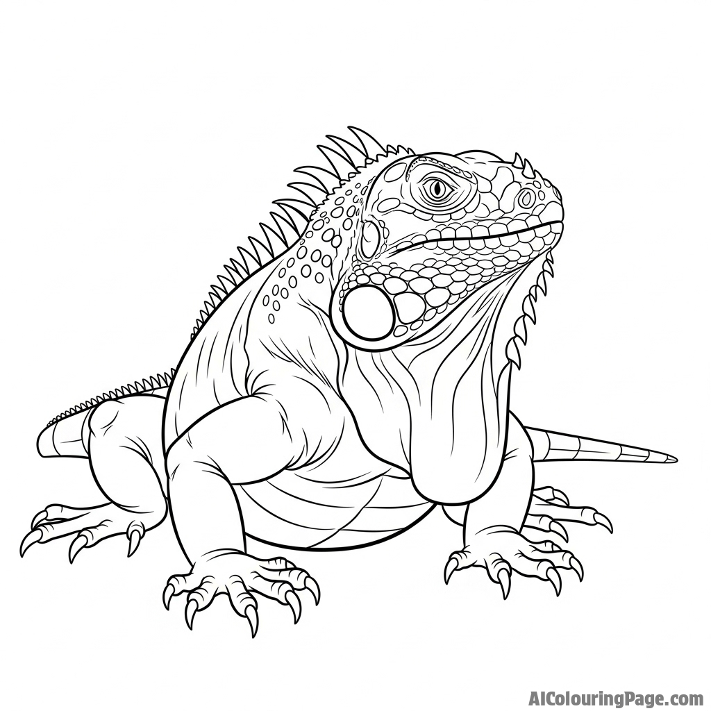 An iguana frozen in a defensive posture, its body puffed up and dewlap extended.