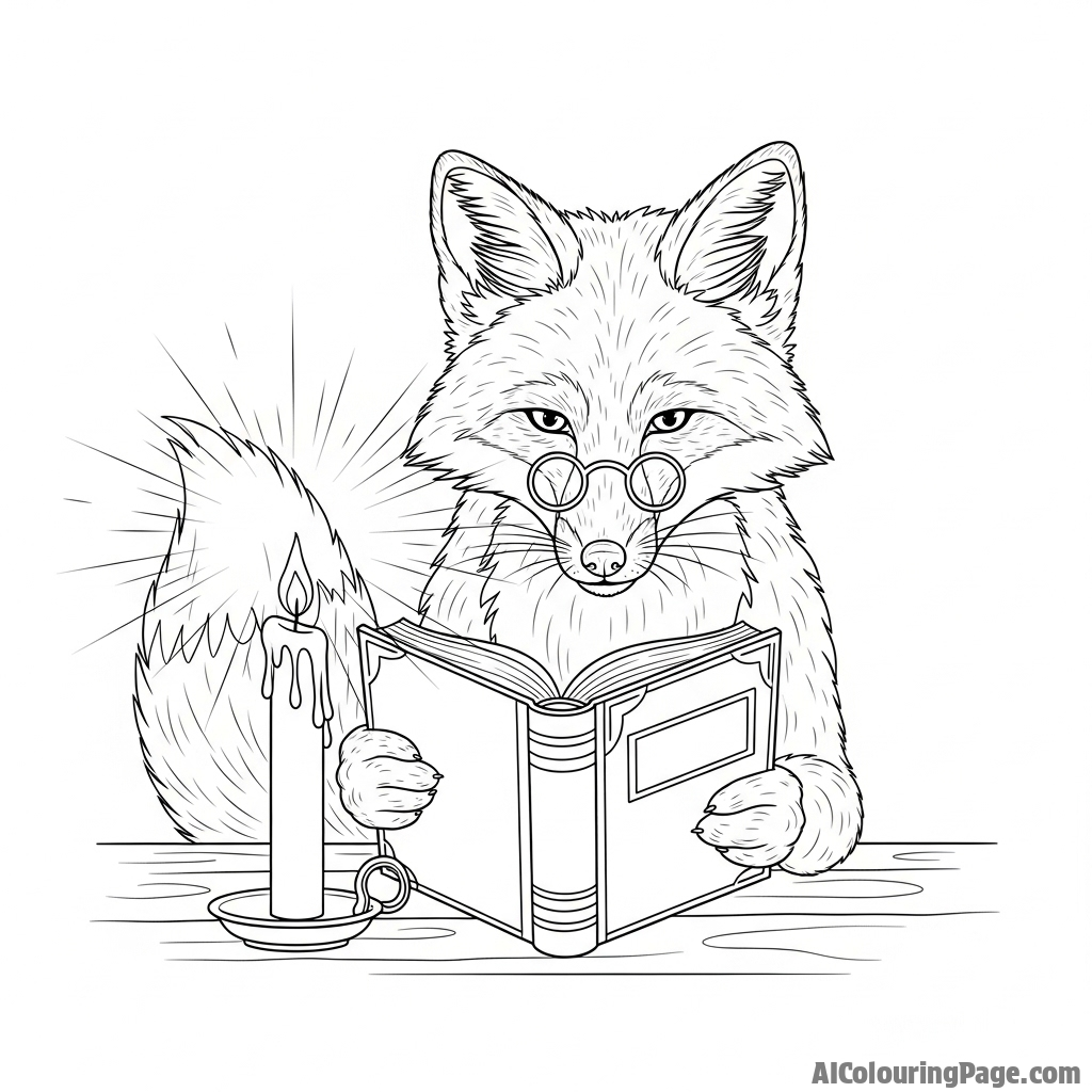 A wise old fox wearing spectacles, reading a leather-bound book by candlelight.