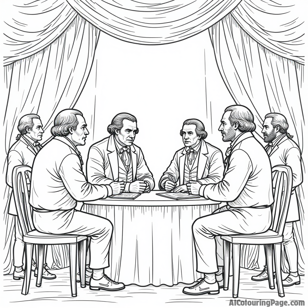 A historical scene depicting the signing of the Declaration of Independence, with founding fathers discussing ideas and surrounded by patriotic symbols and decorations.