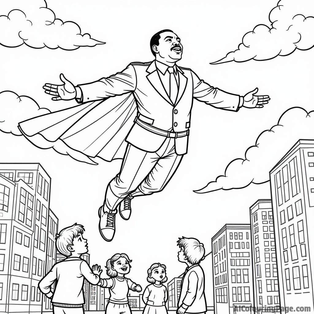 An imaginative world where Martin Luther King Jr. is a superhero, flying over a cityscape, children below looking up in awe, perfect for kids to color their hero.