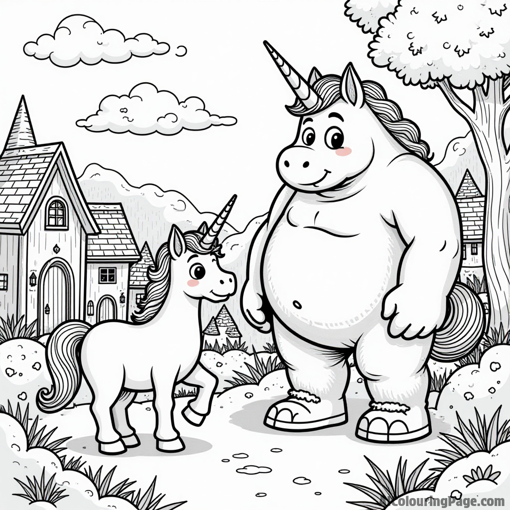 A unicorn and a friendly giant exploring a whimsical village filled with playful gnomes and enchanted homes, perfect for coloring.