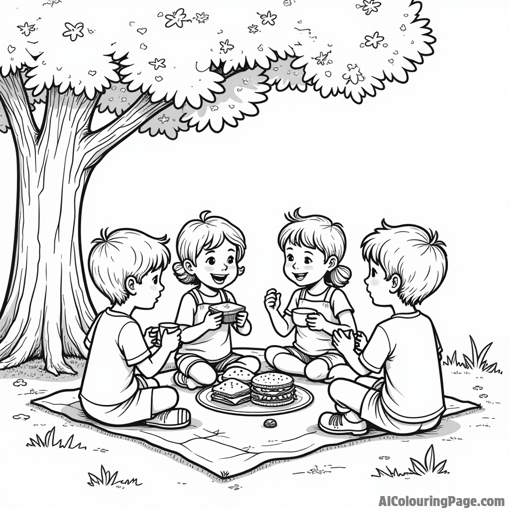 A delightful chocolate picnic scene with kids enjoying chocolate sandwiches and drinks under a tree.