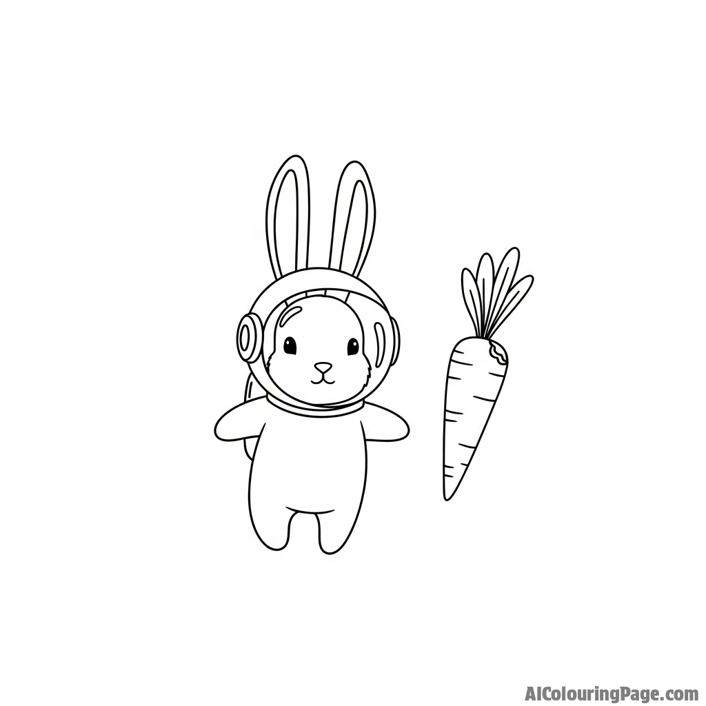 An adventurous bunny astronaut in a tiny helmet, floating in zero gravity next to a carrot.
