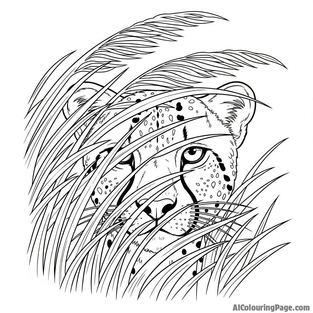 A cheetah's face partially obscured by swaying blades of grass, creating a sense of mystery.