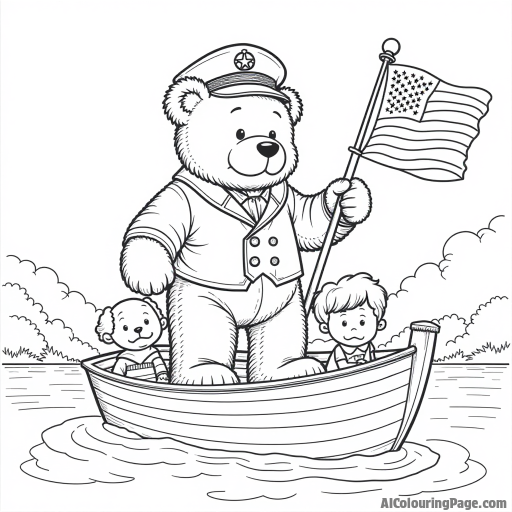 A giant teddy bear dressed in a captain's outfit, holding a flag, standing on a boat with children sailing on a lake during a 4th of July celebration.