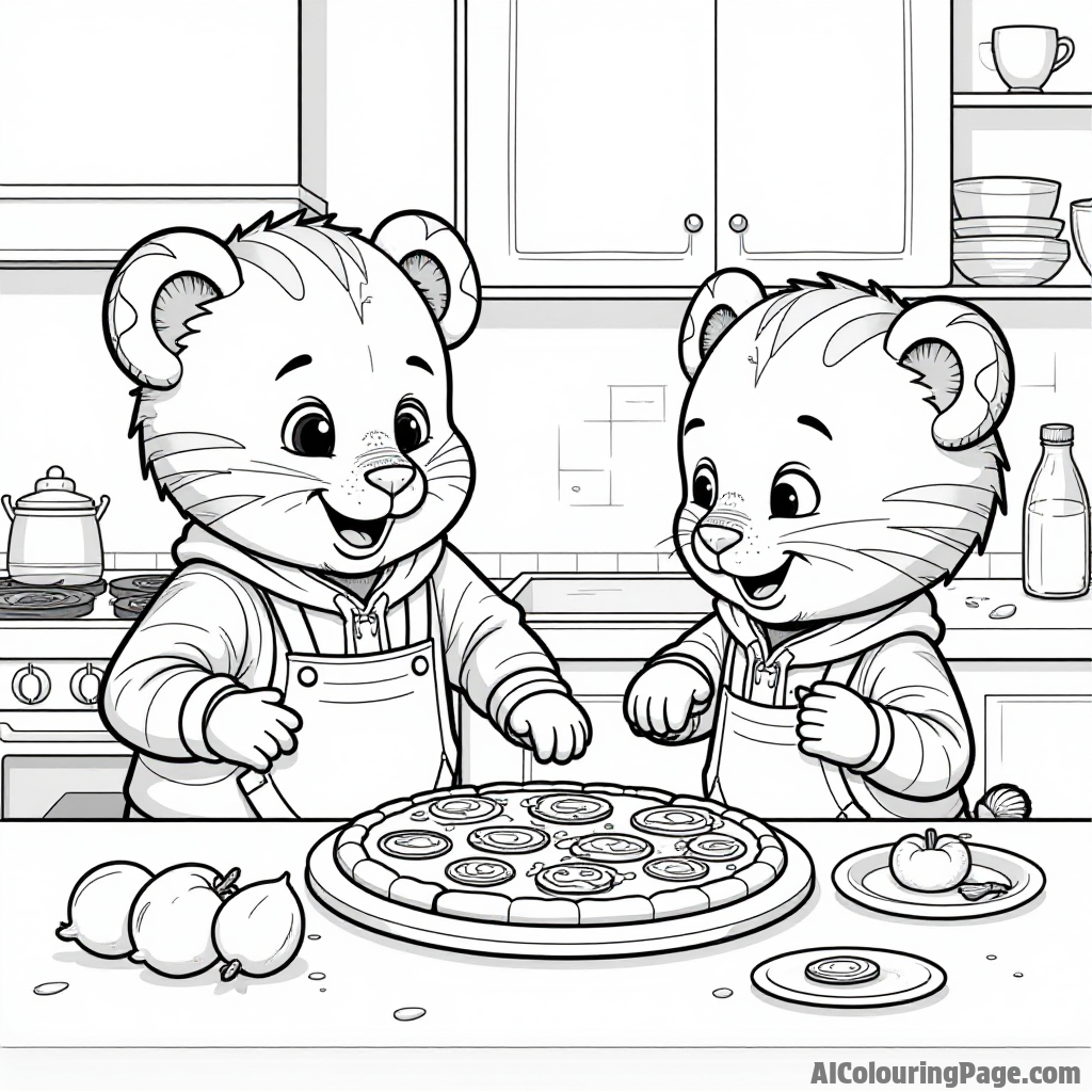 Daniel Tiger and his friends making homemade pizza in a kitchen, with ingredients spread out and smiles all around.