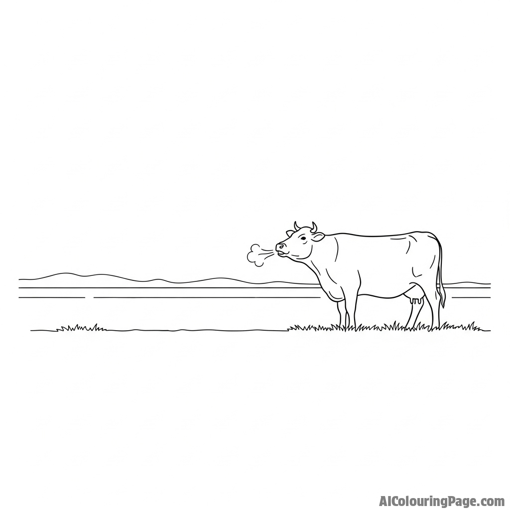 A cow mooing towards a distant horizon, its breath visible in the air.