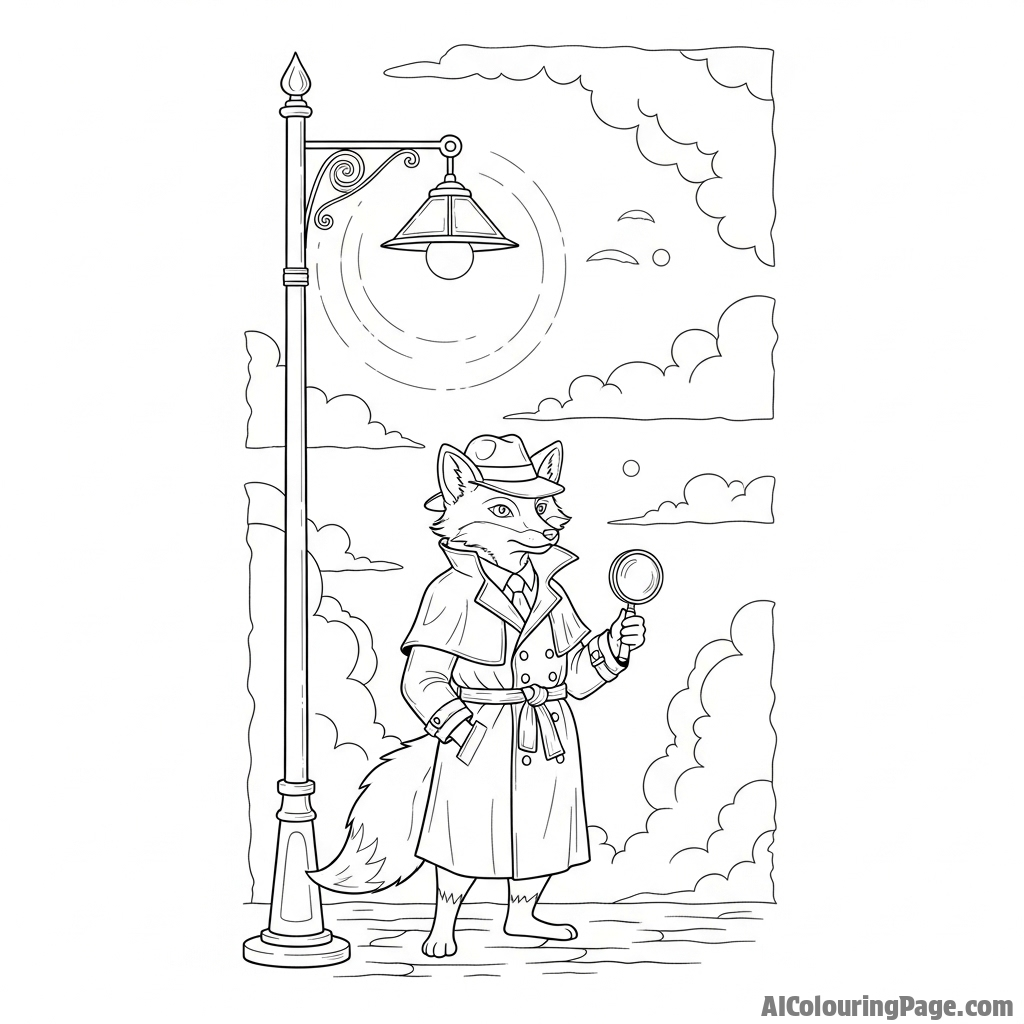A film noir scene of a detective fox in a trench coat, standing under a streetlamp in fog.