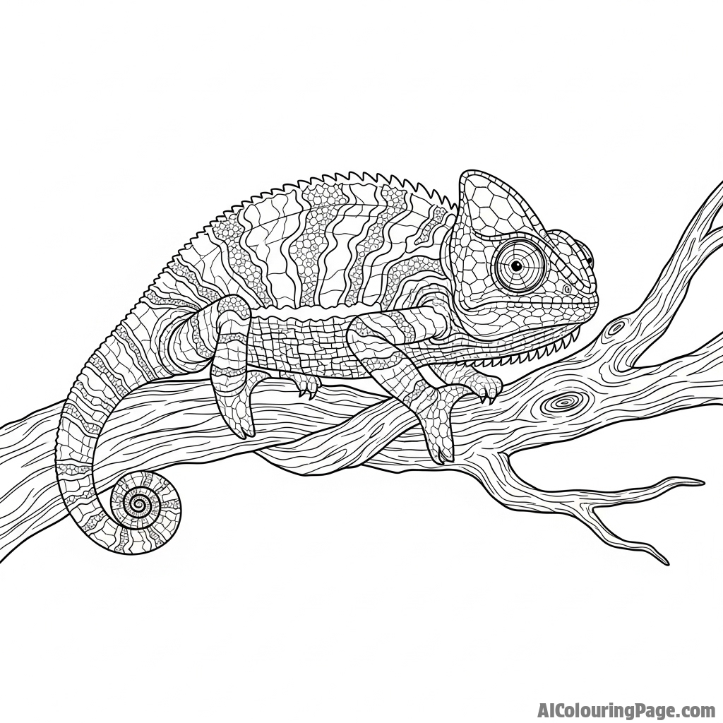 A chameleon perched on a gnarled branch, its skin texture perfectly matching the bark.