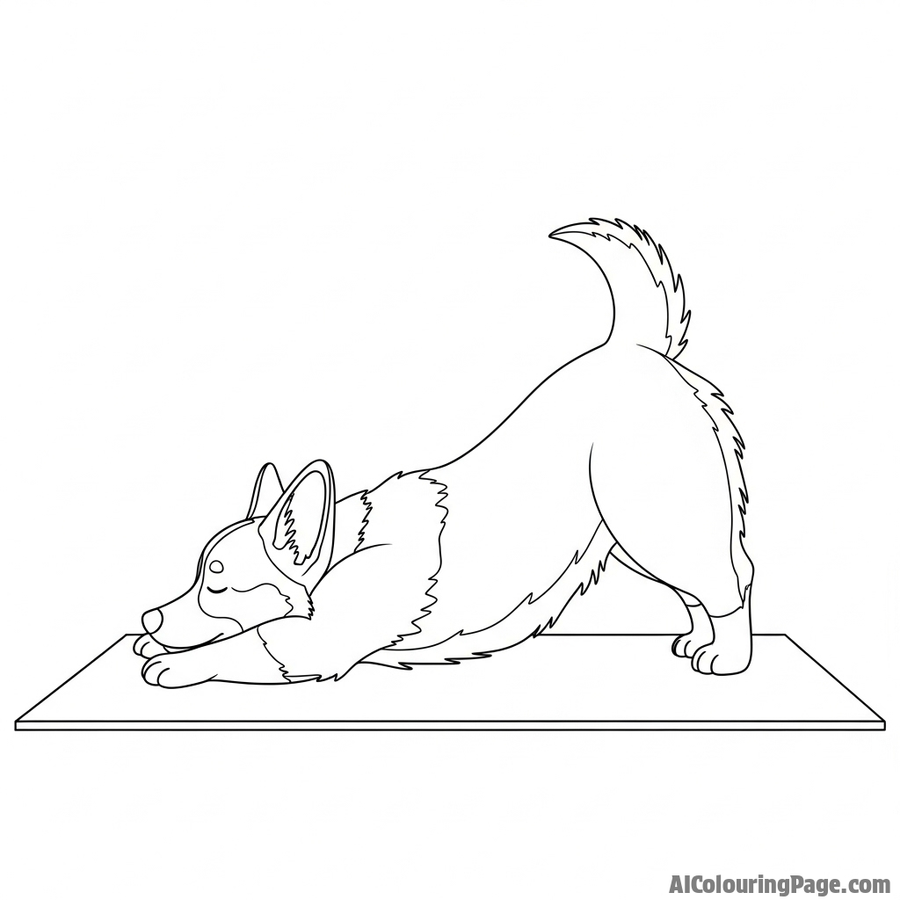 A corgi in a perfect yoga pose, stretching on a mat.