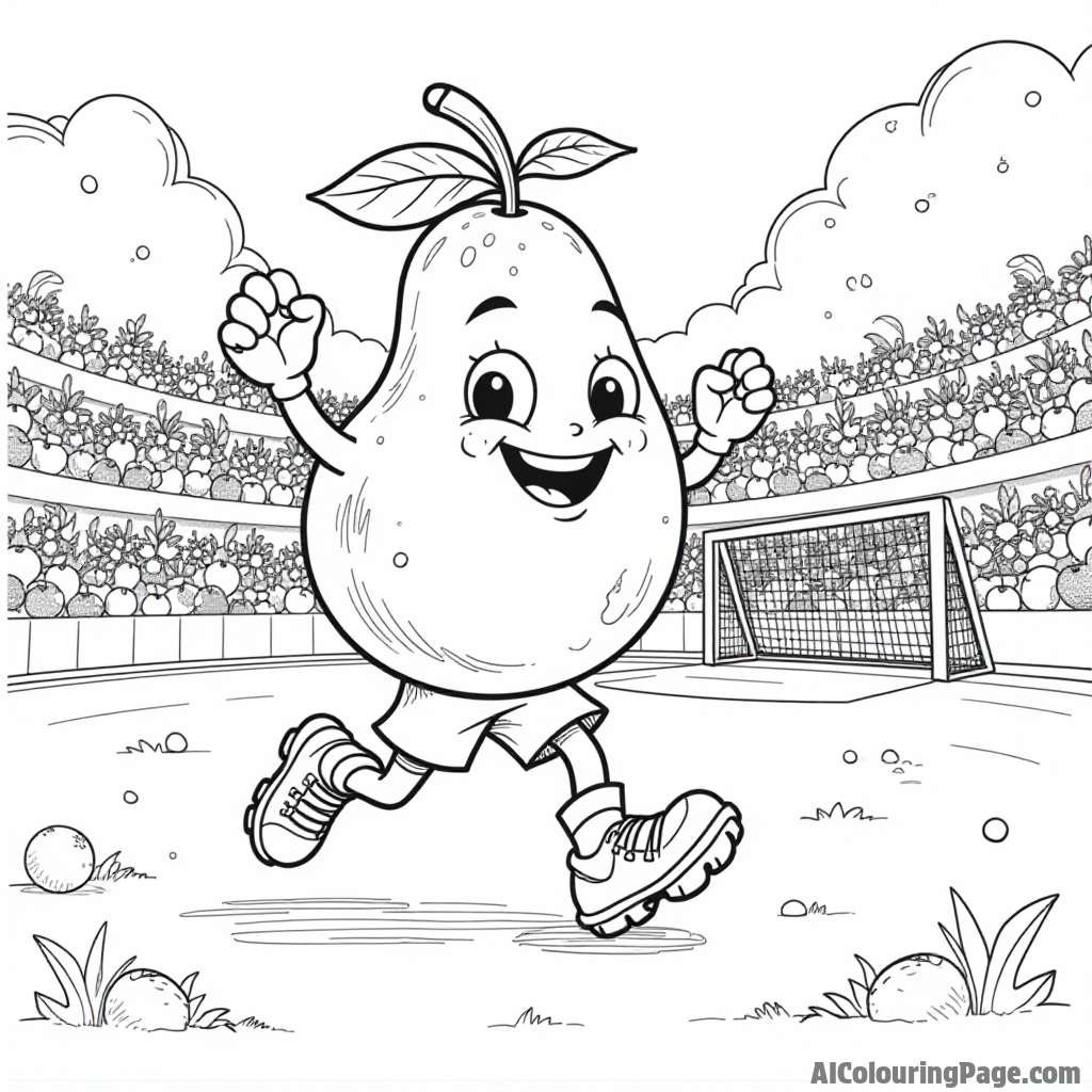 A jolly fruit character playing soccer with friends, with a goalpost and cheering fruit fans in a vibrant field.