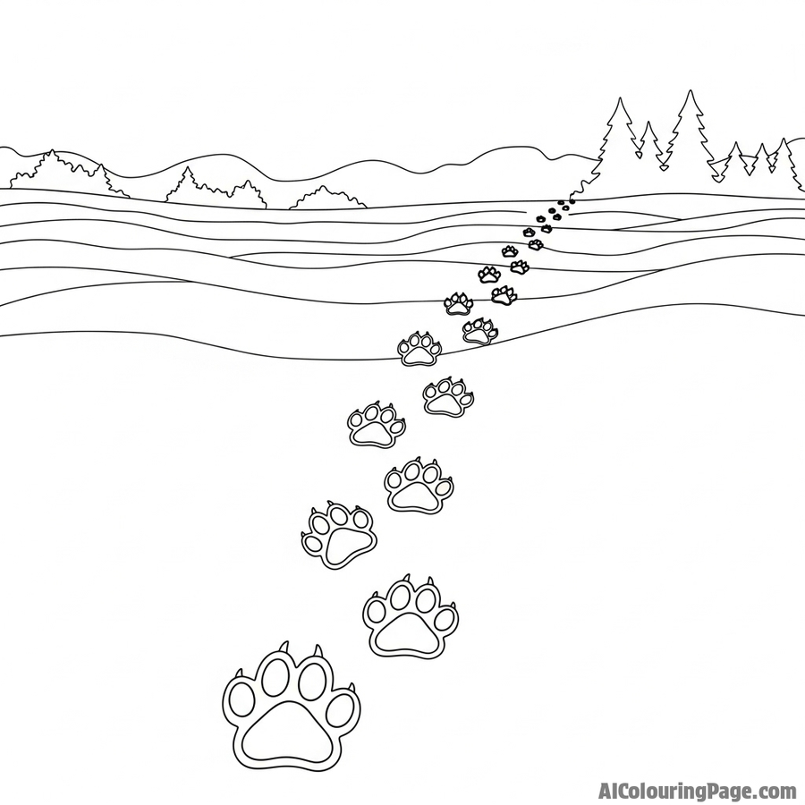 A corgi's paw prints trailing off into a foggy morning landscape.