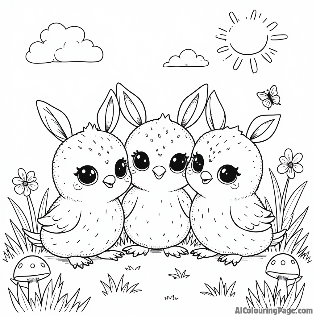 A group of adorable Hatchimals playing together in a sunny meadow, featuring butterflies and mushrooms, inviting children to unleash their creativity with vibrant colors in this Toys and Games Coloring Pages theme.