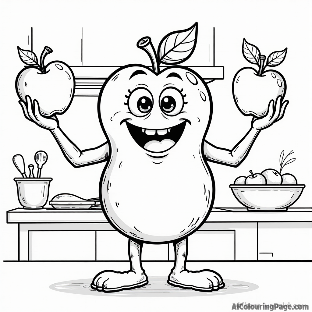 A friendly apple monster juggling three apples, with a background of colorful kitchen utensils and a fruit bowl.