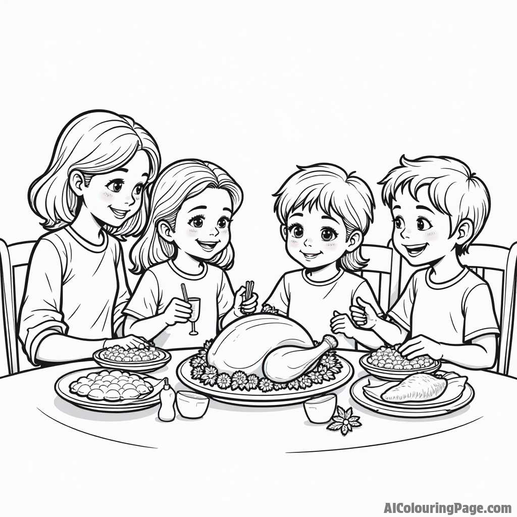 A family gathered around a table filled with Thanksgiving dishes, including turkey, mashed potatoes, and cranberry sauce