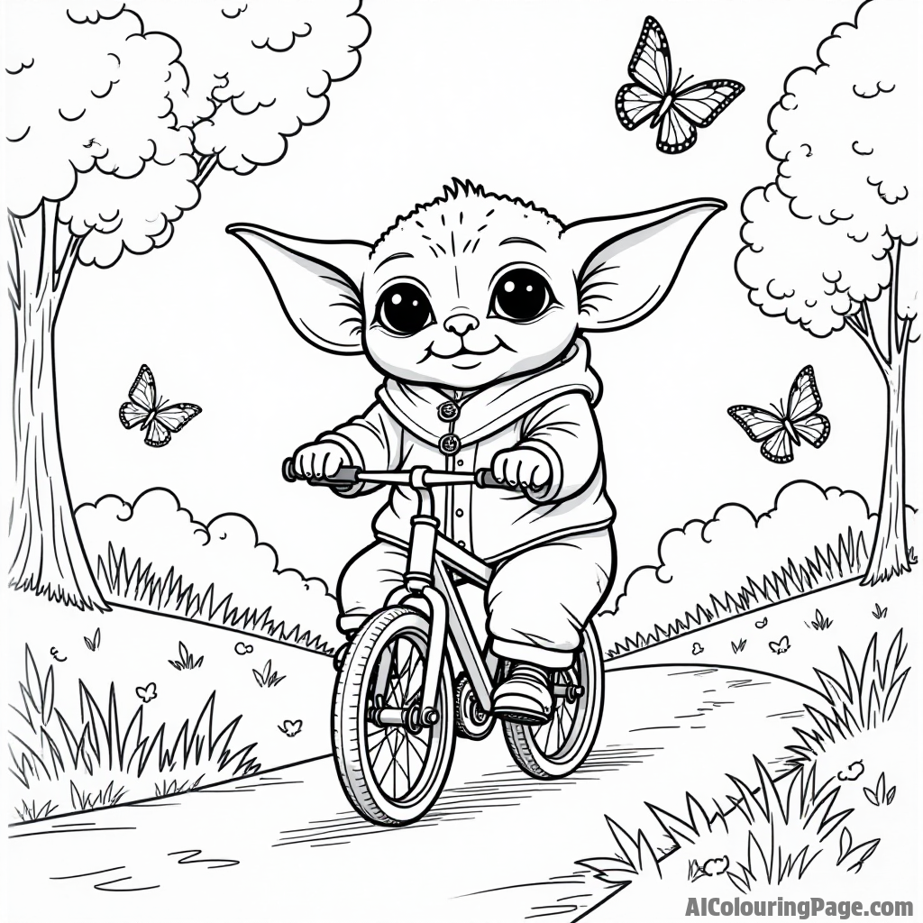 Baby Yoda riding a bicycle through a colorful park with butterflies fluttering around