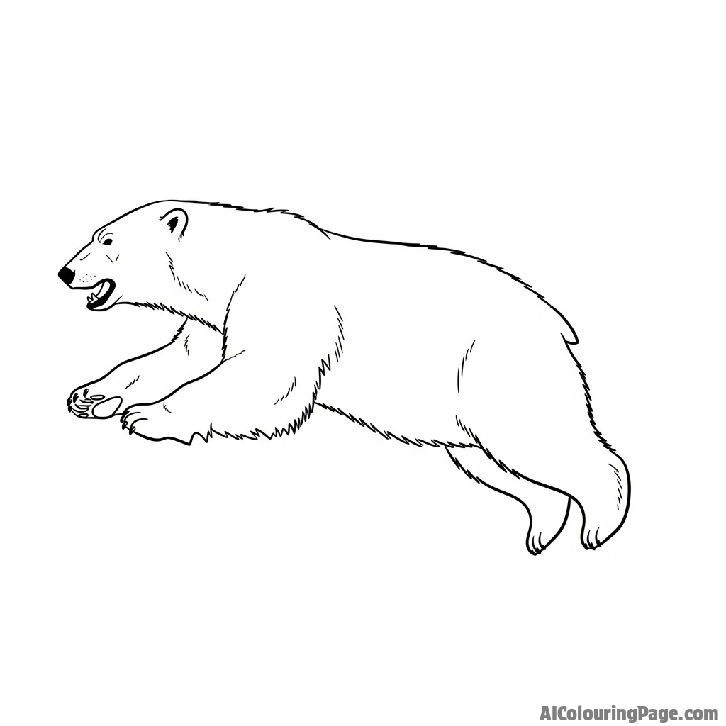 A dramatic photograph of a polar bear in mid-leap, suspended in the air.