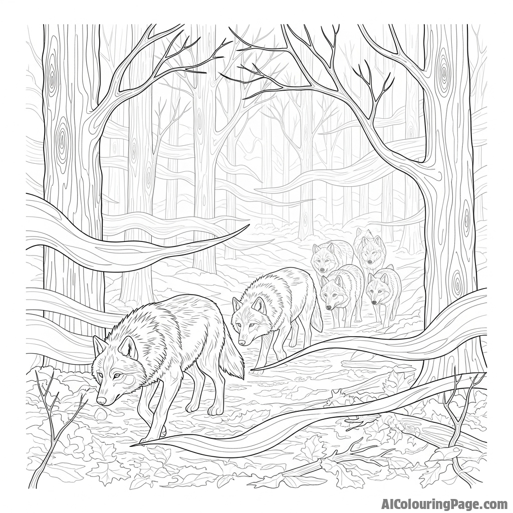 A pack of wolves moving silently through a dense, fog-shrouded forest.