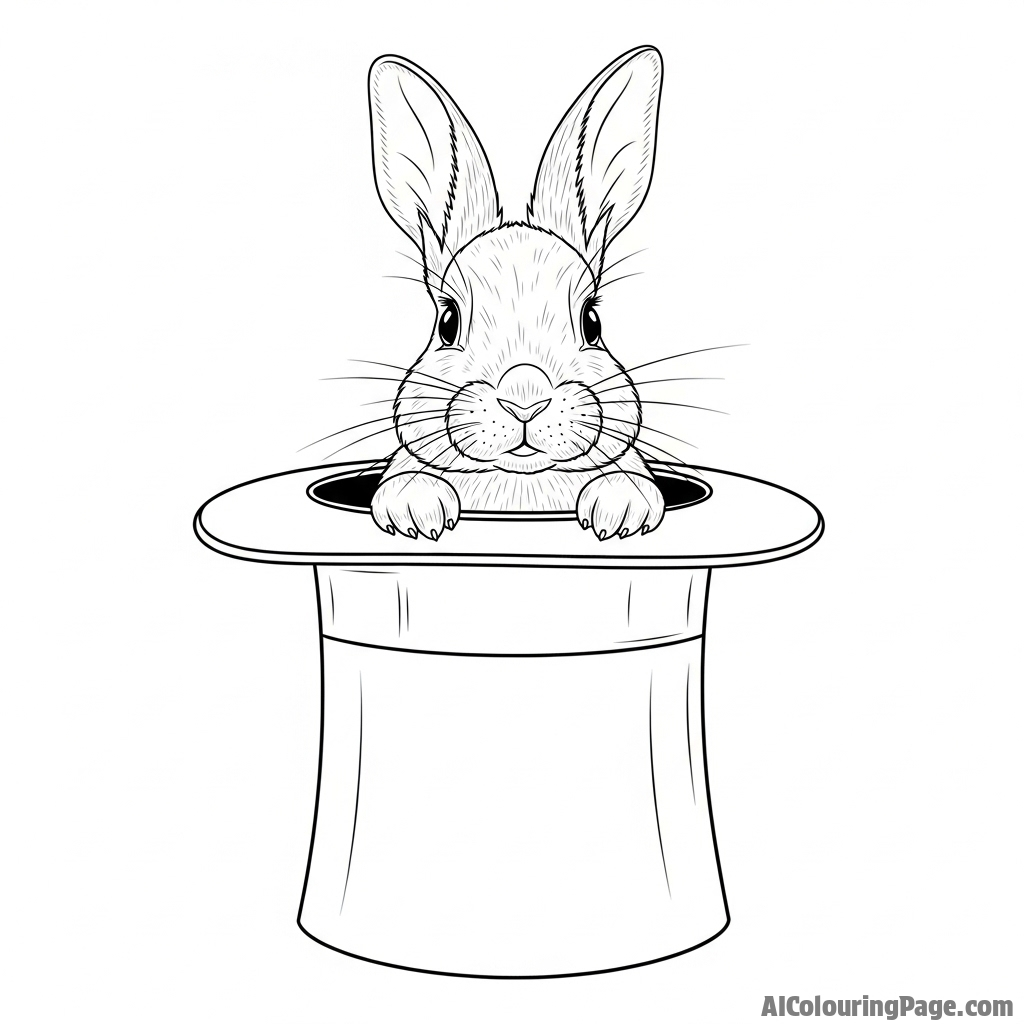 A rabbit peeking out of a magician's top hat.