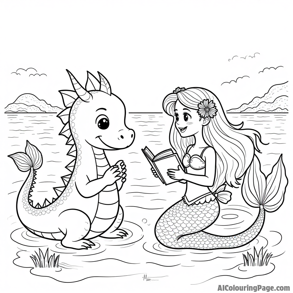 A friendly sea dragon and a mermaid sharing stories, with a backdrop of swirling waves and distant islands.