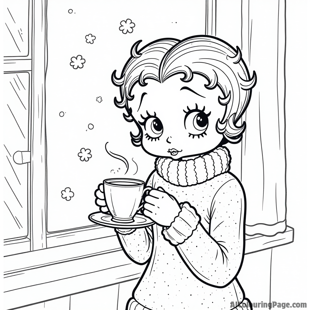 Betty Boop in a cozy sweater sipping hot cocoa on a snowy day with snowflakes falling outside the window