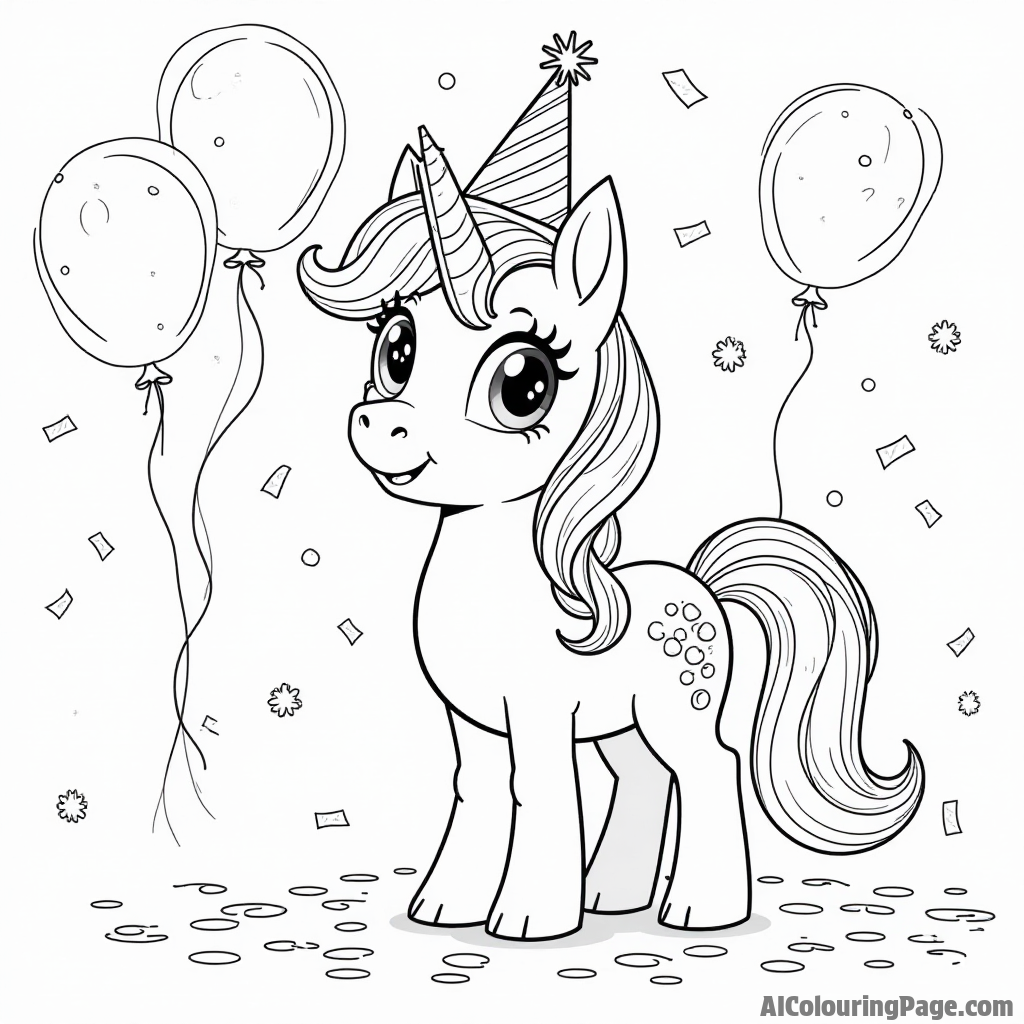 A pony wearing a party hat surrounded by confetti and balloons celebrating a birthday with friends.