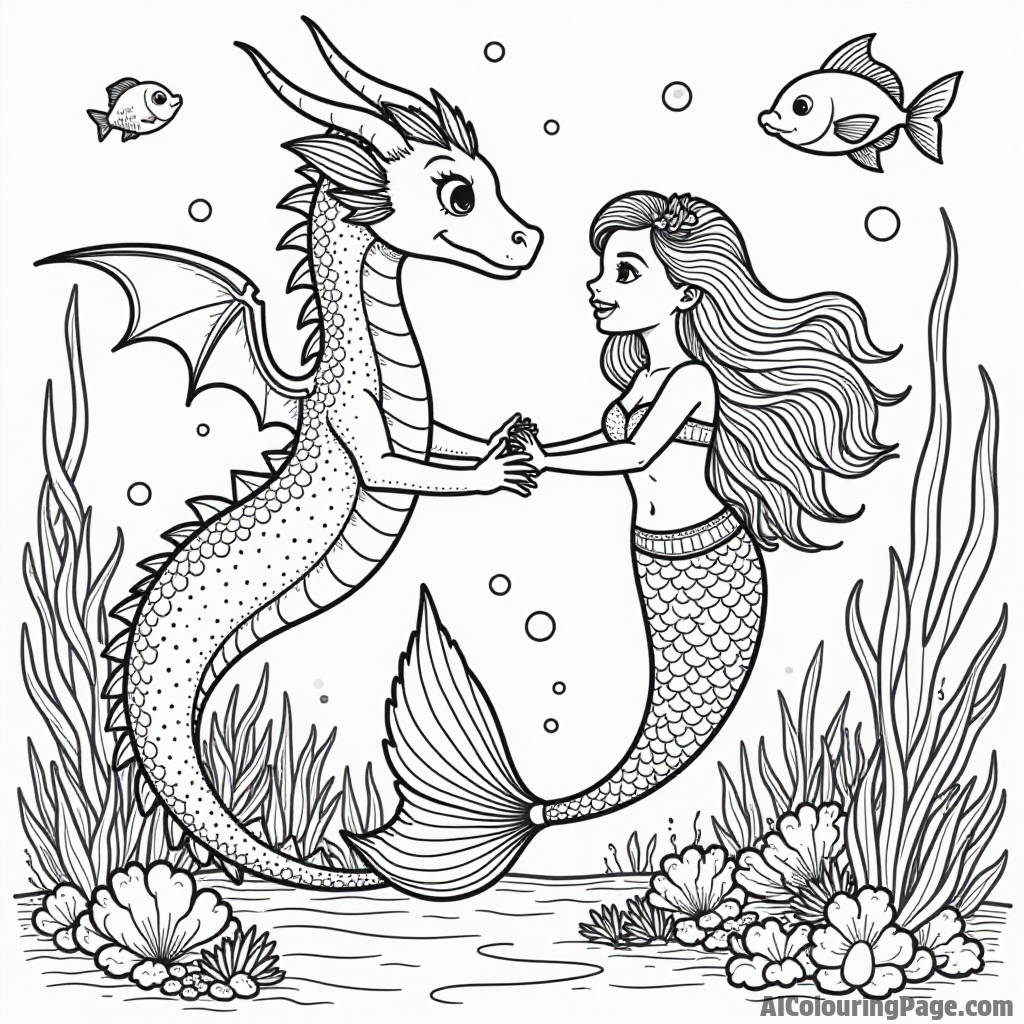 A dragon and a mermaid playing together in a vibrant underwater scene filled with coral and fish.