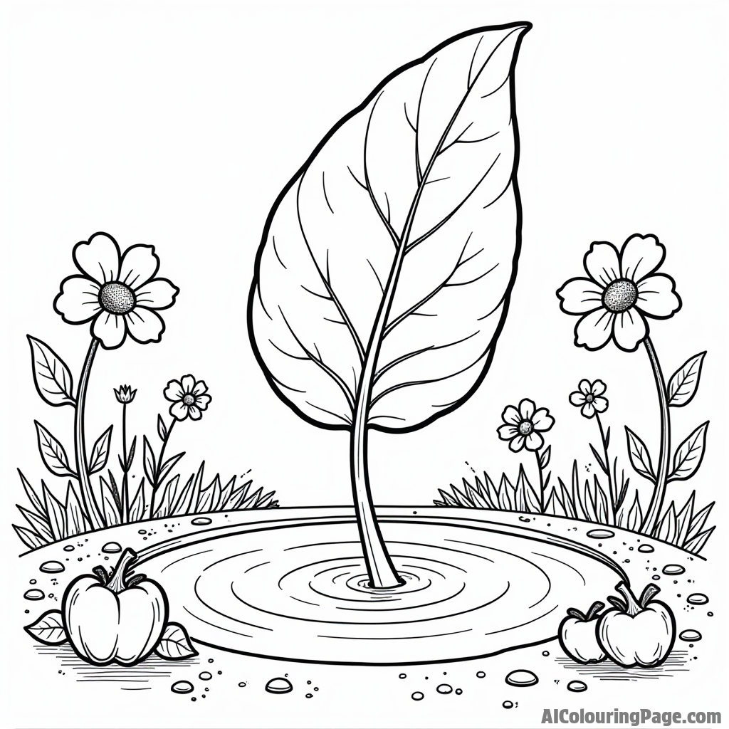 A playful spinach leaf jumping into a pool of water surrounded by flowers and other happy vegetables.