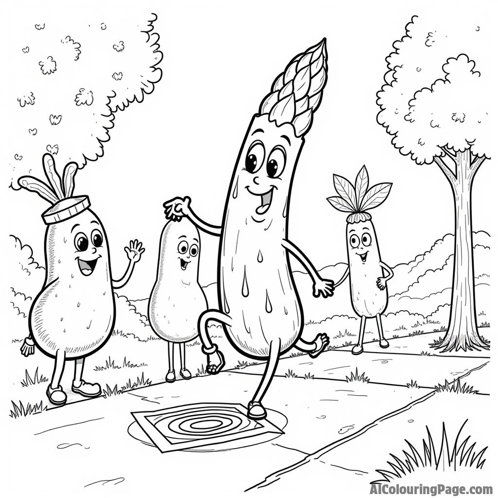 A silly asparagus playing hopscotch on a sidewalk with other vegetables cheering and clapping.