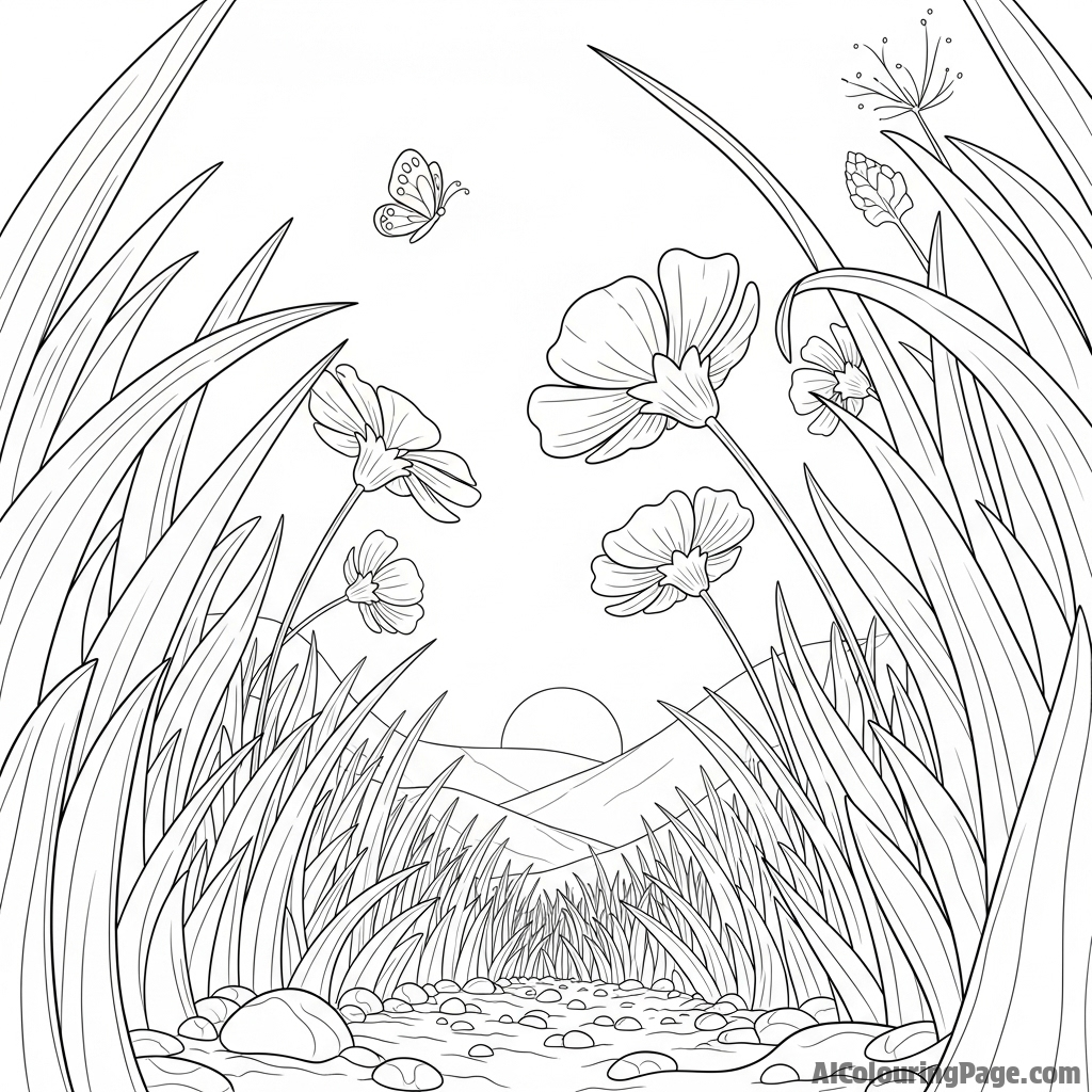 A scene from a mouse’s perspective, looking up at giant blades of grass in a meadow.