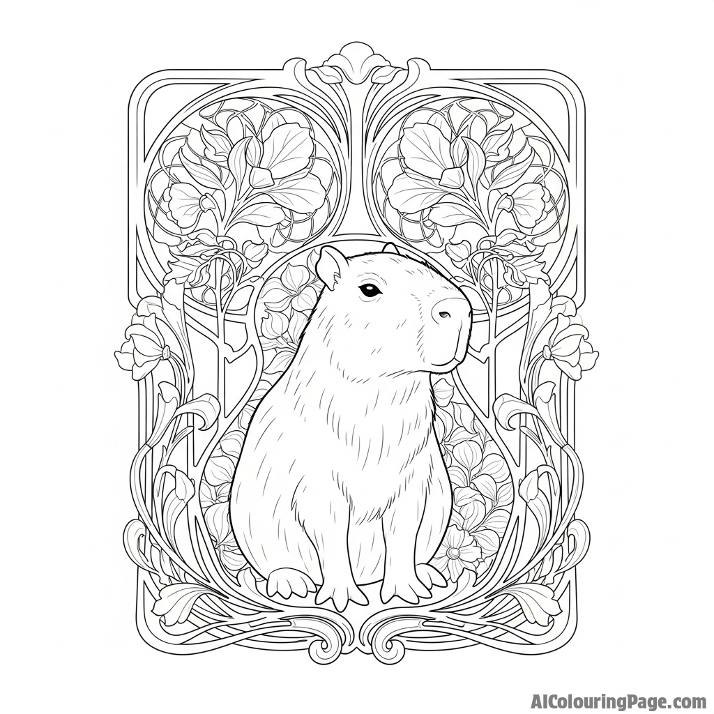 An Art Nouveau illustration of a capybara surrounded by flowing floral patterns.