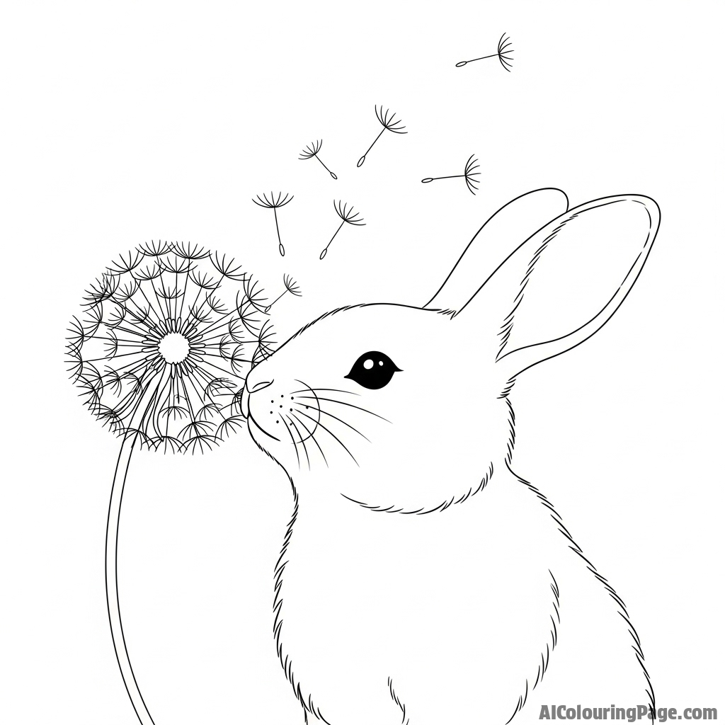 A rabbit gently nudging a dandelion puff, sending seeds into the air.