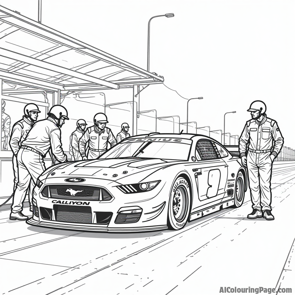 A pit stop scene featuring a race car being fueled and serviced by crew members, emphasizing teamwork and efficiency in a fun coloring book design.